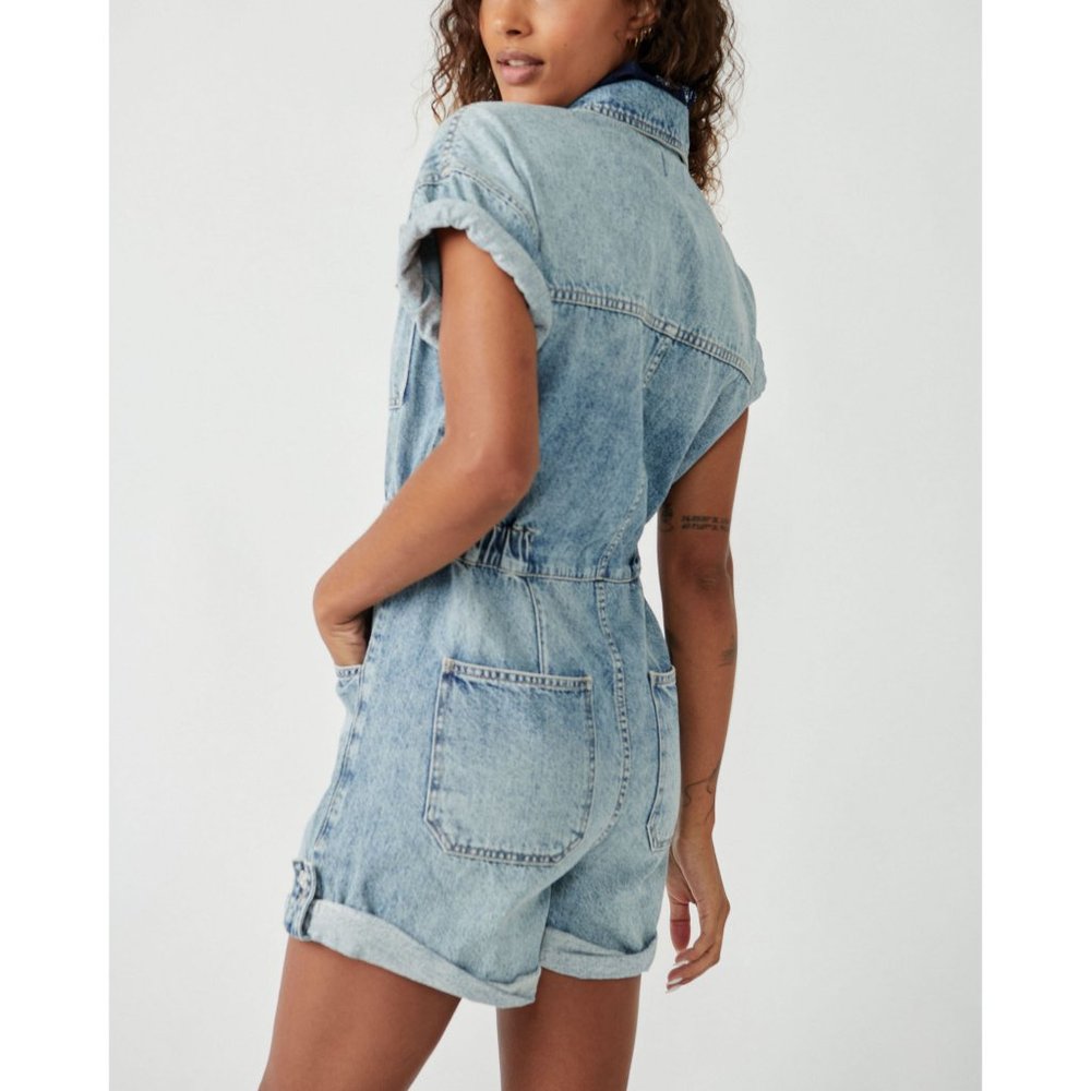 Free People Light Wash Denim Romper Shorts - Picture 2 of 5